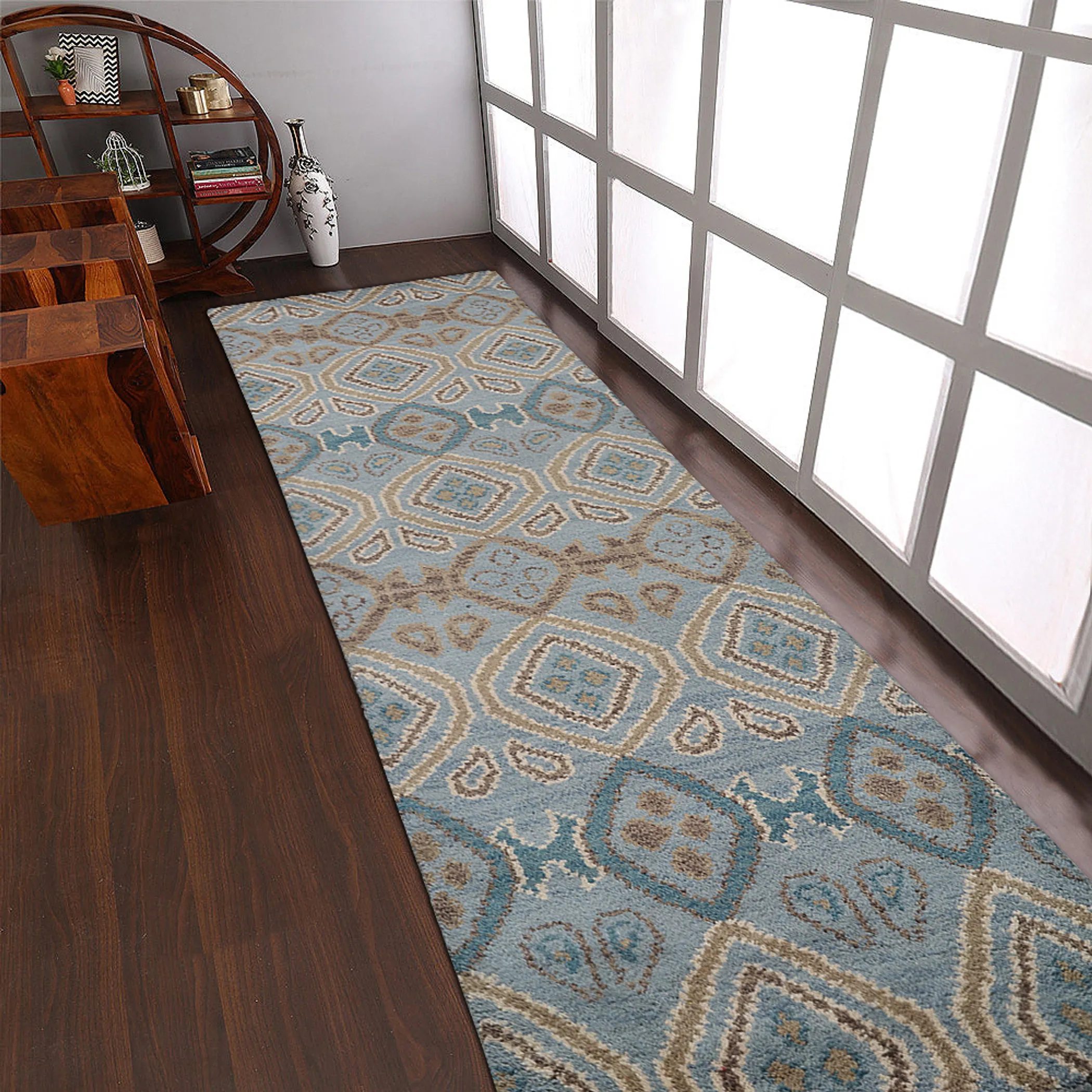 Thảm chạy hành lang len dệt thắt tay Rugsotic Carpets 0,75m x 3m họa tiết hình học