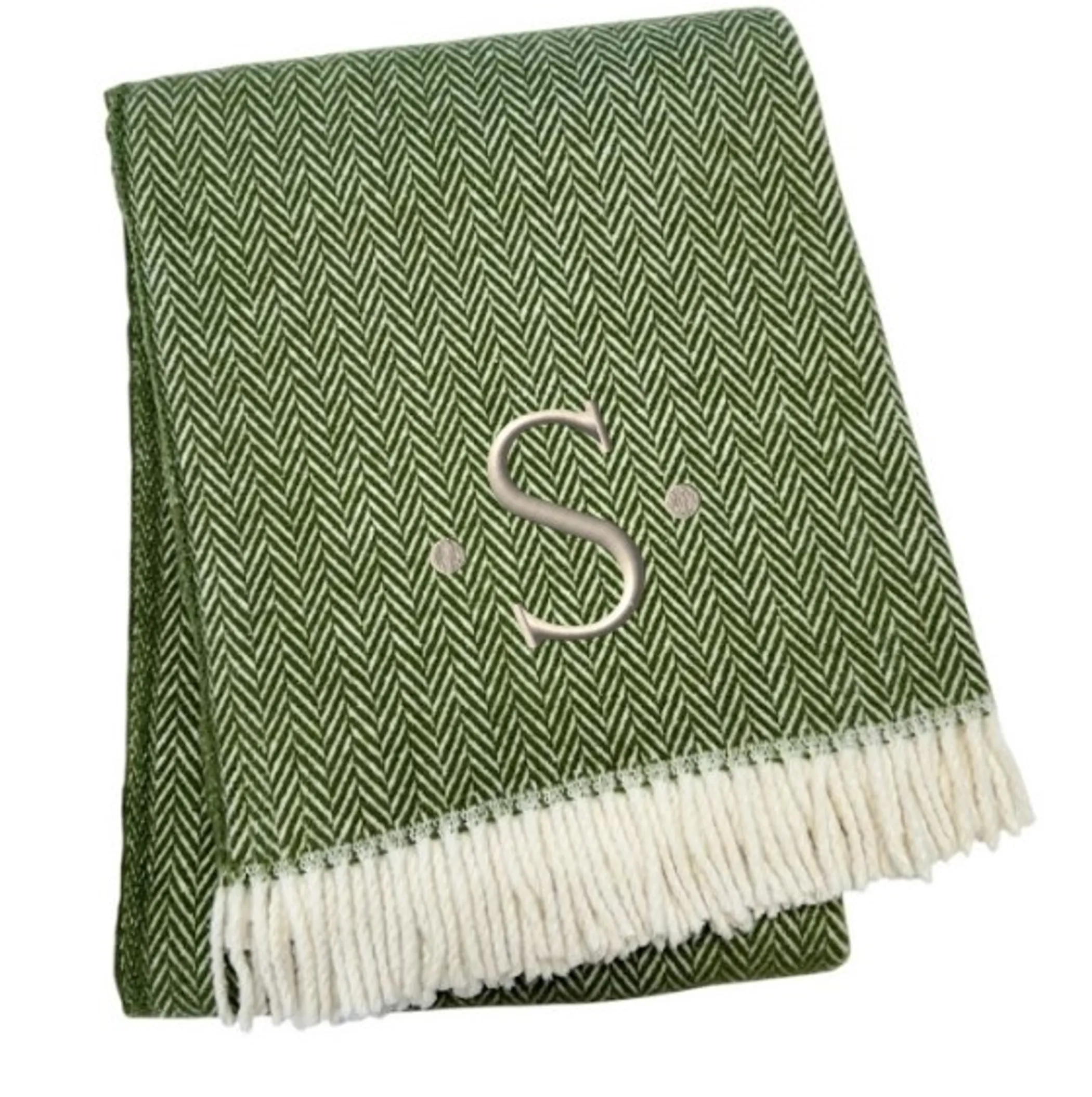 Chăn cotton pha dệt xương cá thêu chữ S màu xanh rêu trắng, viền tua rua - Ảnh 3