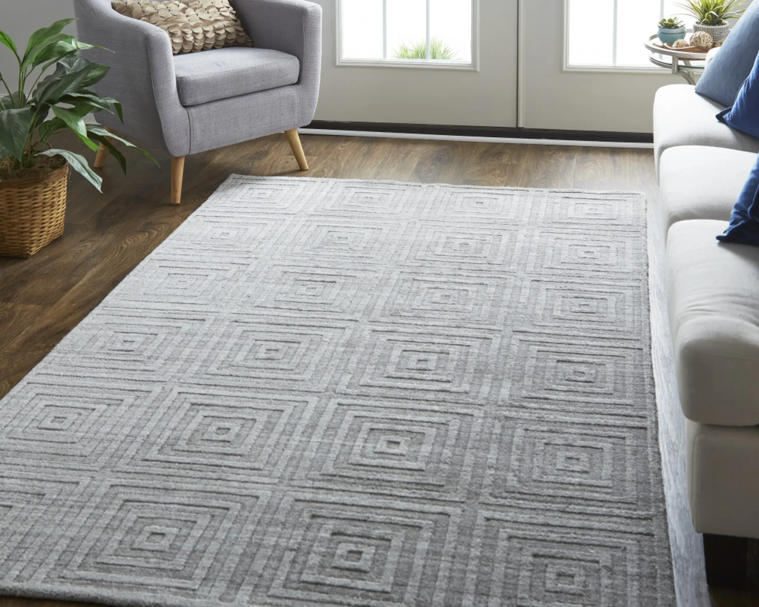 Thảm trải sàn dệt tay 1,5m x 2,4m kẻ sọc xám bạc