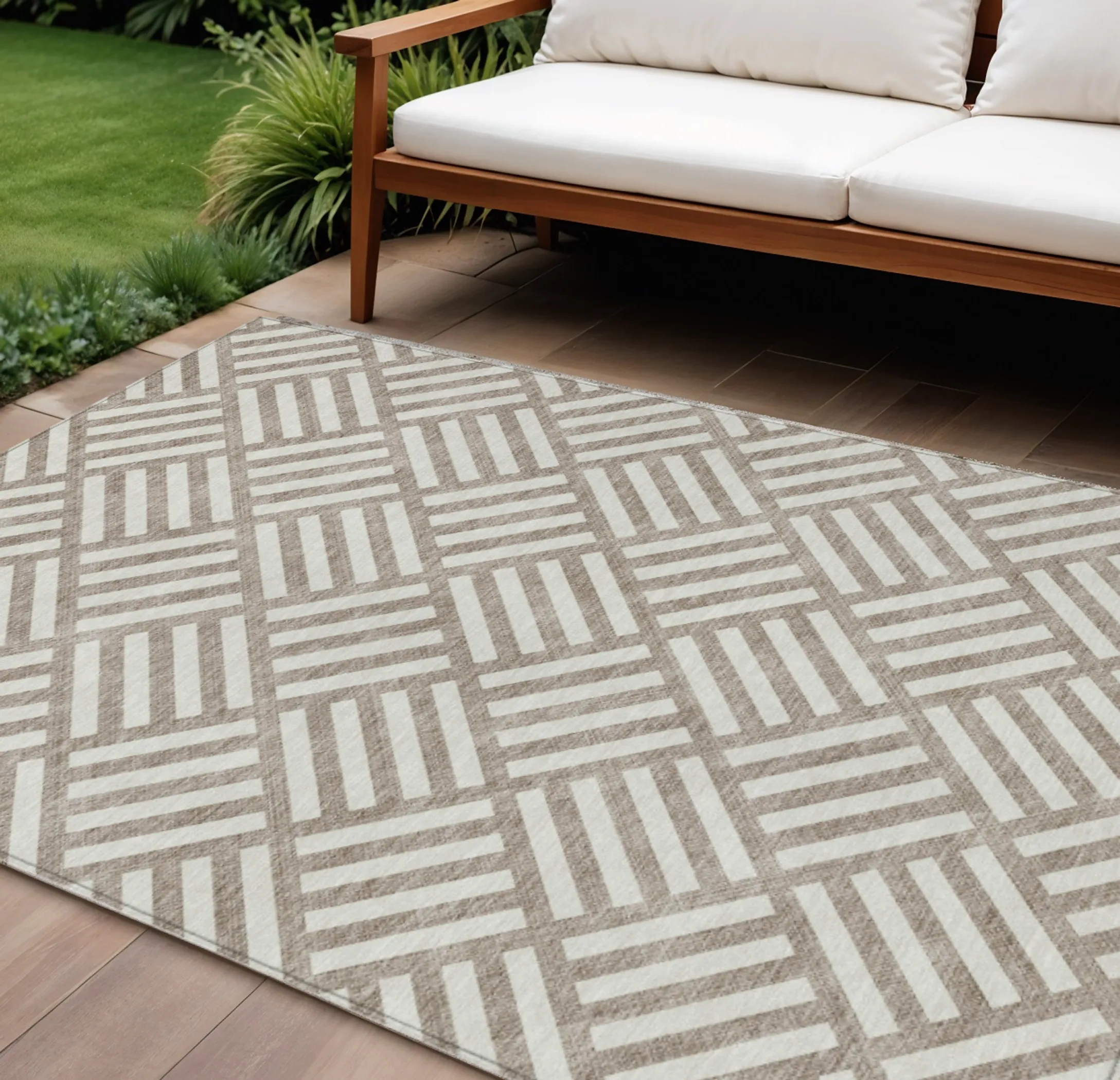 Thảm trải sàn giặt được 2,7m x 3,7m họa tiết hình học màu nâu xám và ngà