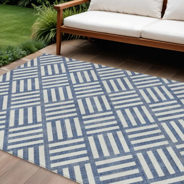 Thảm trải sàn giặt được 3m x 4,3m họa tiết hình học màu xanh navy và ngà