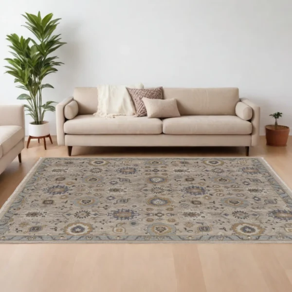 Thảm len dệt thắt tay 2,4m x 3m hoa văn phương Đông màu nâu và xám, có tua rua