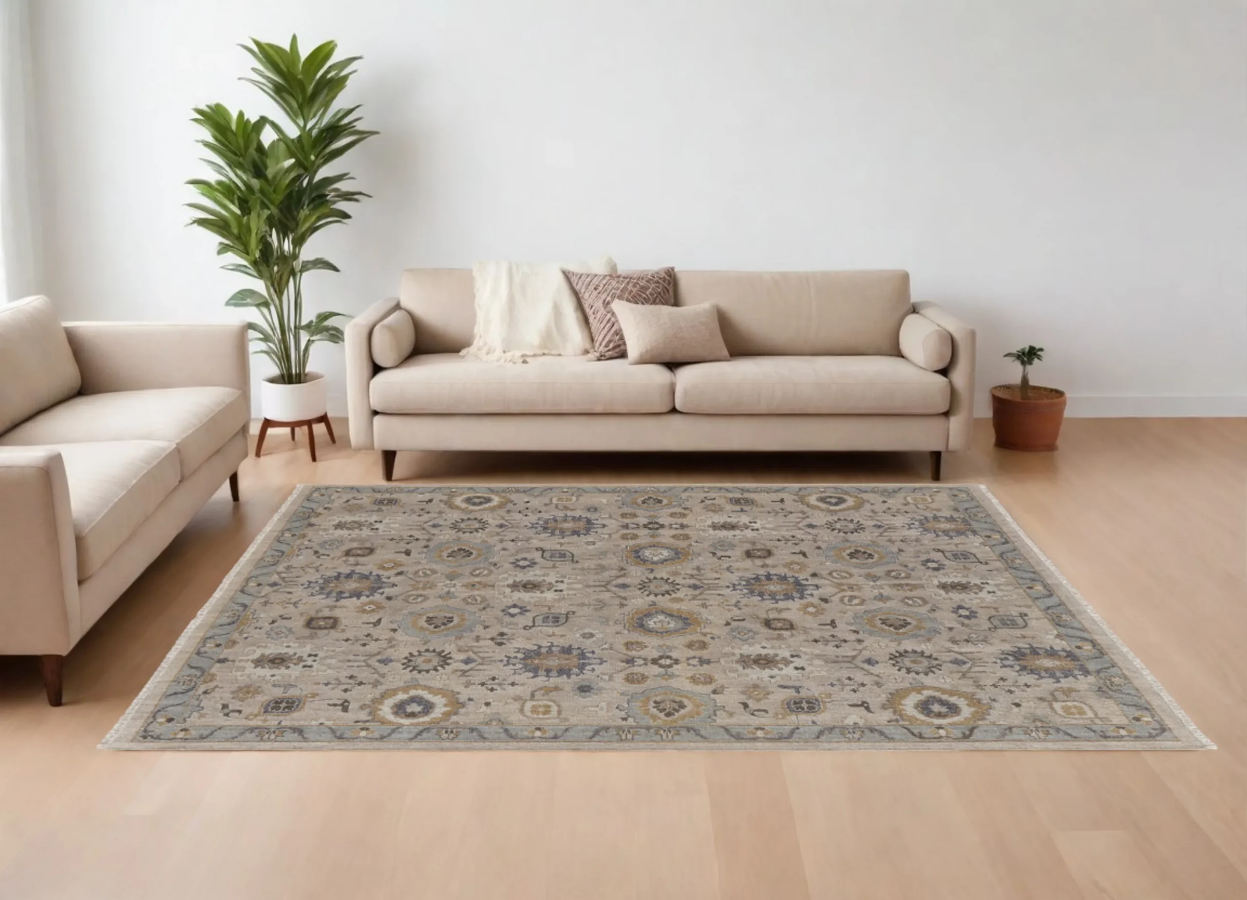 Thảm len dệt thắt tay 2,4m x 3m hoa văn phương Đông màu nâu và xám, có tua rua