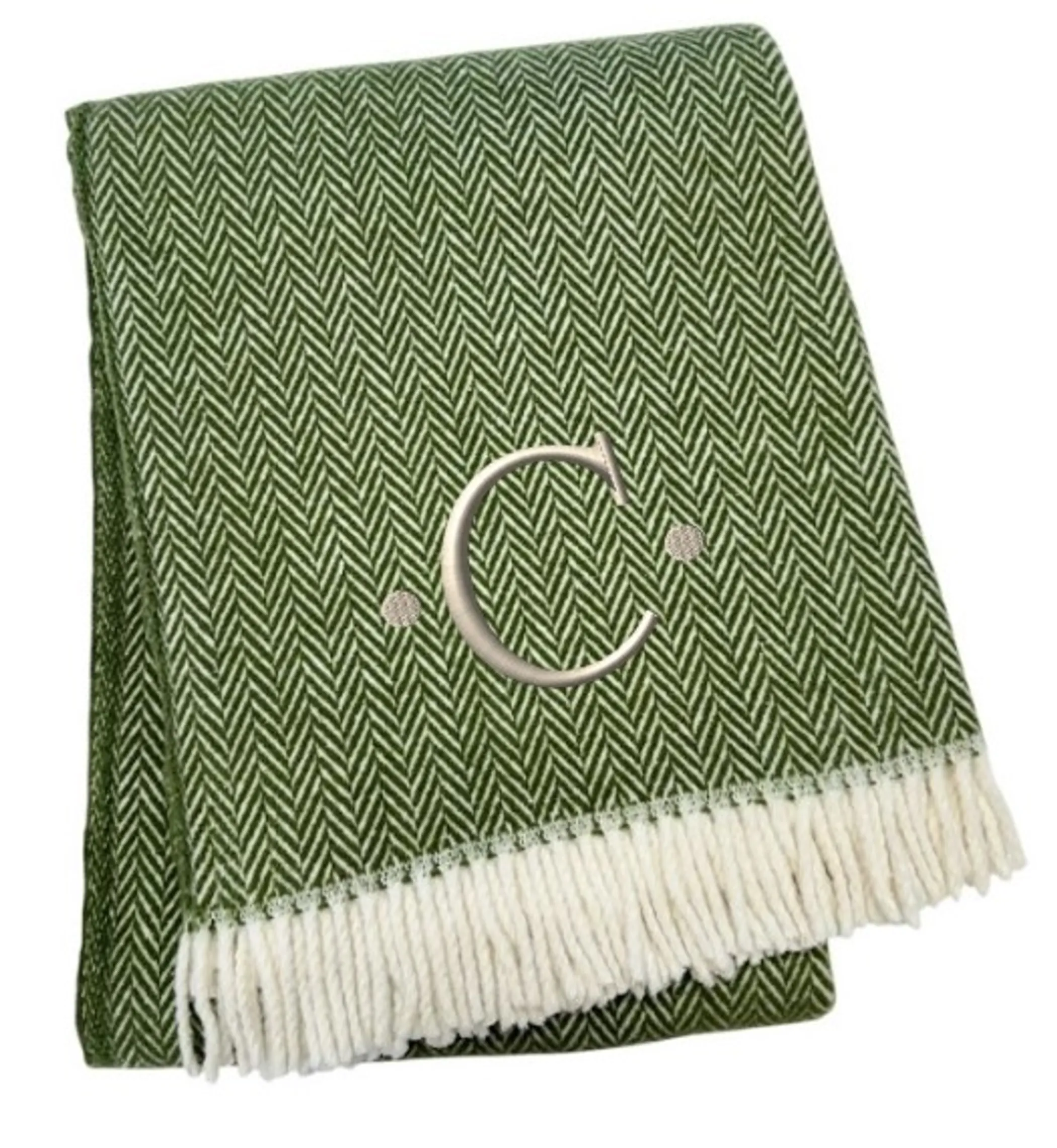 Chăn cotton pha dệt xương cá thêu chữ C màu xanh rêu trắng, viền tua rua - Ảnh 3