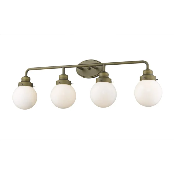 Đèn soi gương Portsmith 4 bóng đồng thau thô, chao thủy tinh opal