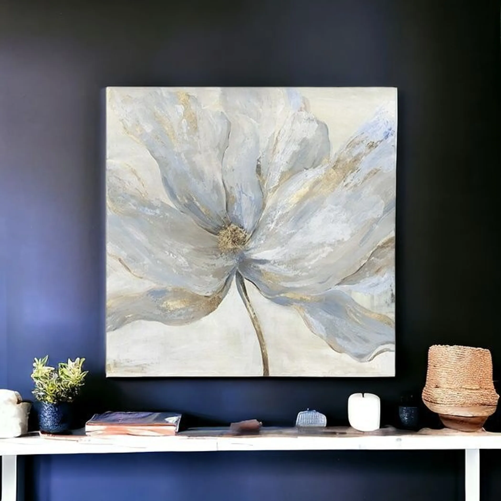 Tranh canvas hoa xanh xám điểm nhũ vàng không khung 102cm - Ảnh 6