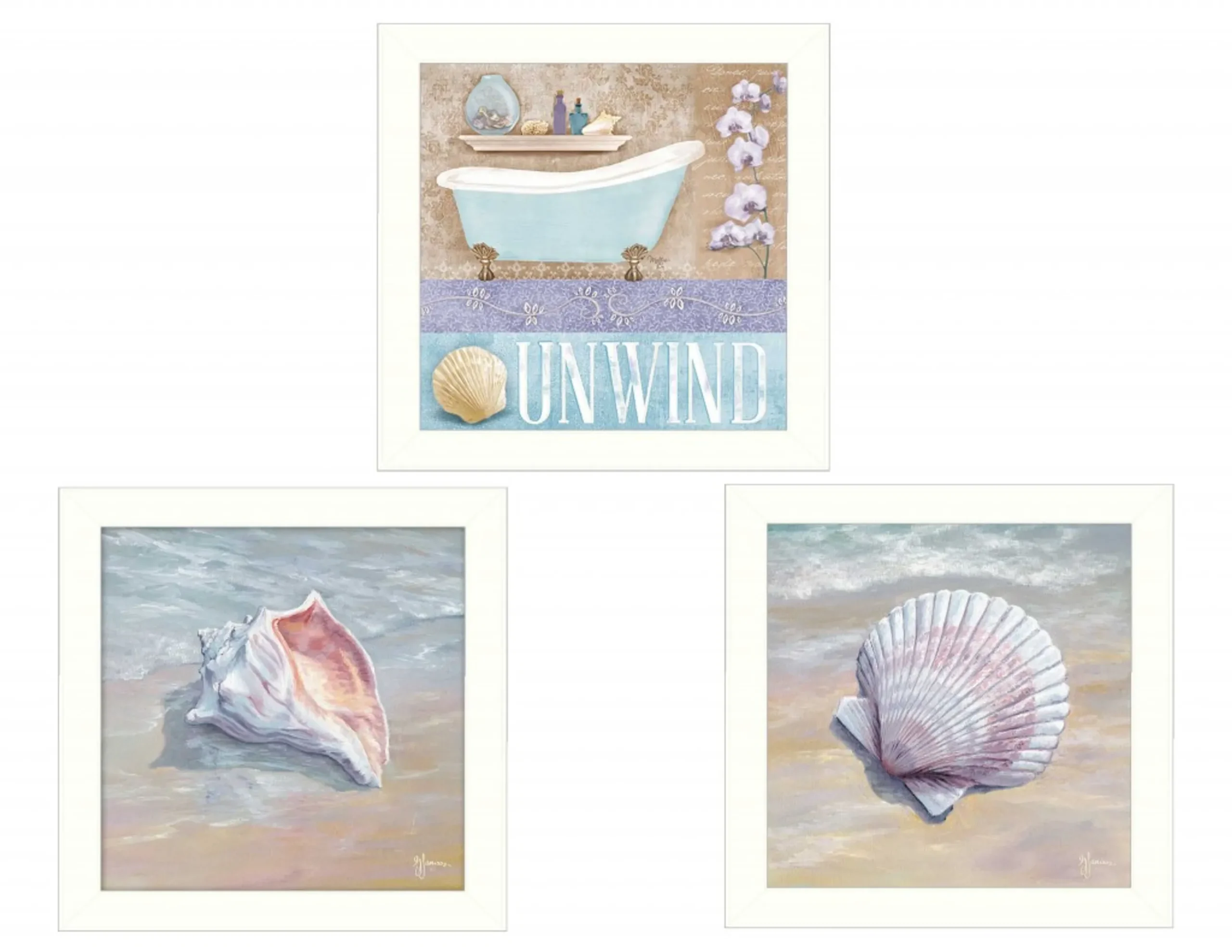 Bộ ba tranh in khung trắng Shells II treo tường phòng tắm - Ảnh 2