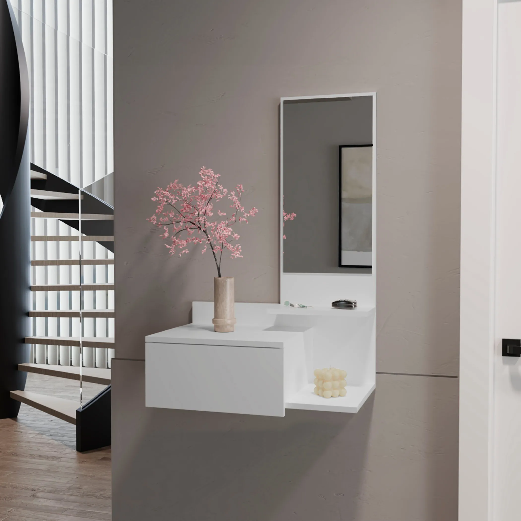 Tủ gỗ treo tường màu trắng có ngăn kéo và gương 91cm - Ảnh 6