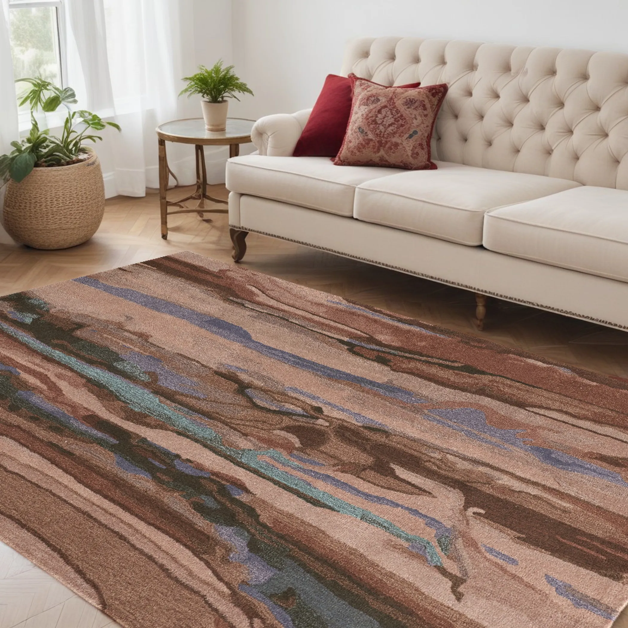 Thảm trải sàn len dệt tay 1,5m x 2,4m họa tiết trừu tượng đỏ hồng xanh