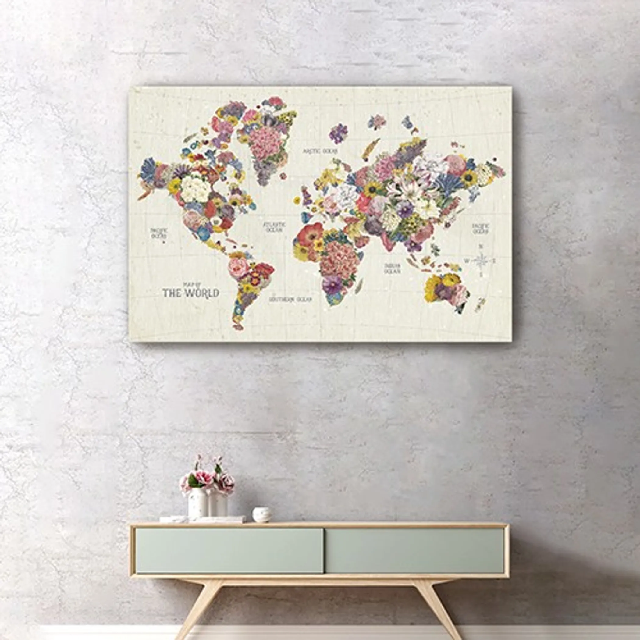 Tranh canvas bản đồ thế giới họa tiết hoa vui nhộn 122cm x 81cm - Ảnh 5