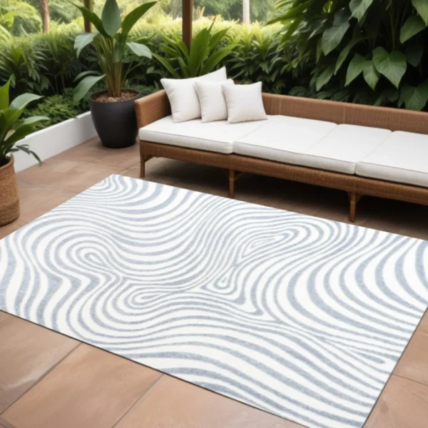 Thảm trải sàn trong nhà ngoài trời họa tiết trừu tượng xanh nhạt và ngà 3,7m x 4,6m