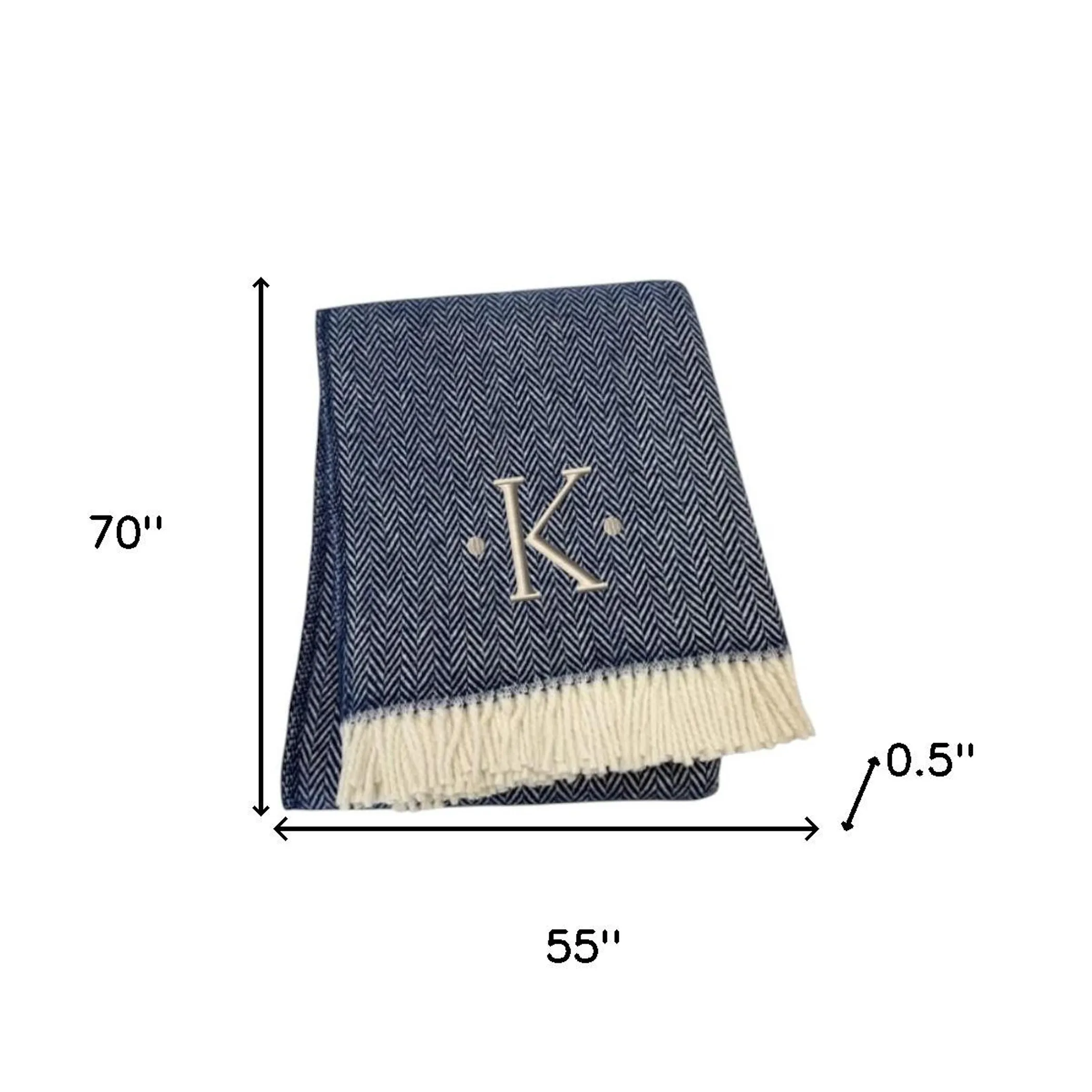 Chăn cotton pha dệt xương cá thêu chữ K màu xanh navy trắng, viền tua rua - Ảnh 5