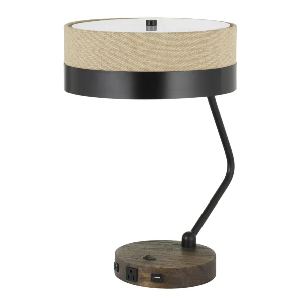 Đèn bàn làm việc USB 2 bóng kim loại màu đen 51cm chụp trống màu be