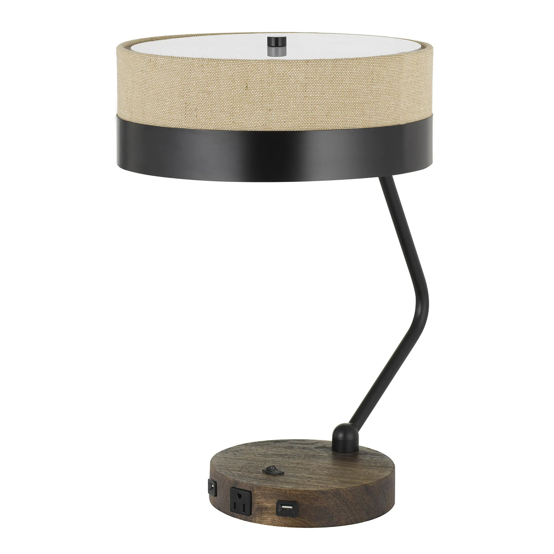 Đèn bàn làm việc USB 2 bóng kim loại màu đen 51cm chụp trống màu be