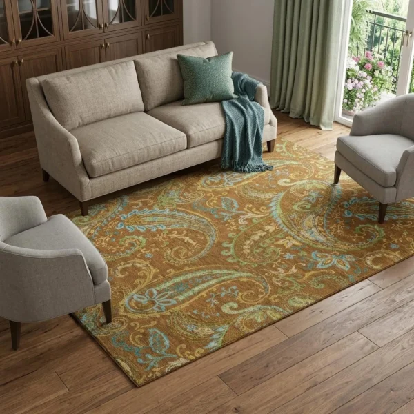 Thảm trải sàn giặt được họa tiết paisley màu gỉ sắt xanh 2,7m x 3,7m chống tia UV