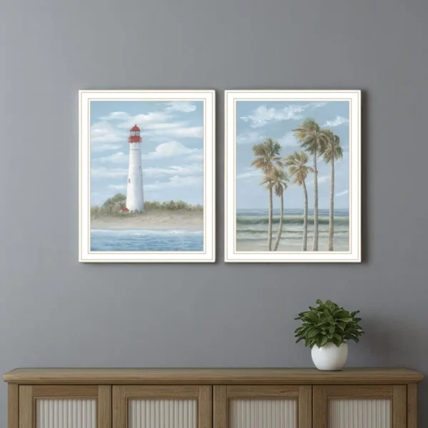Bộ hai tranh treo tường khung trắng hải đăng Cape May và hàng dừa