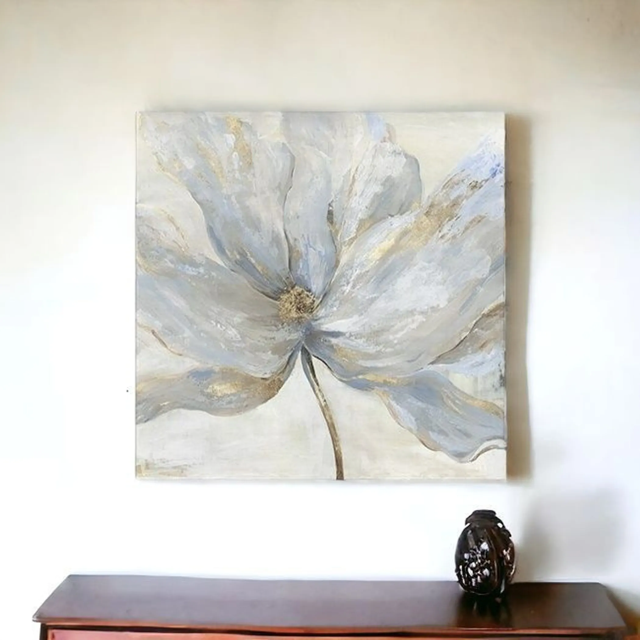 Tranh canvas hoa xanh xám điểm nhũ vàng không khung 102cm - Ảnh 3