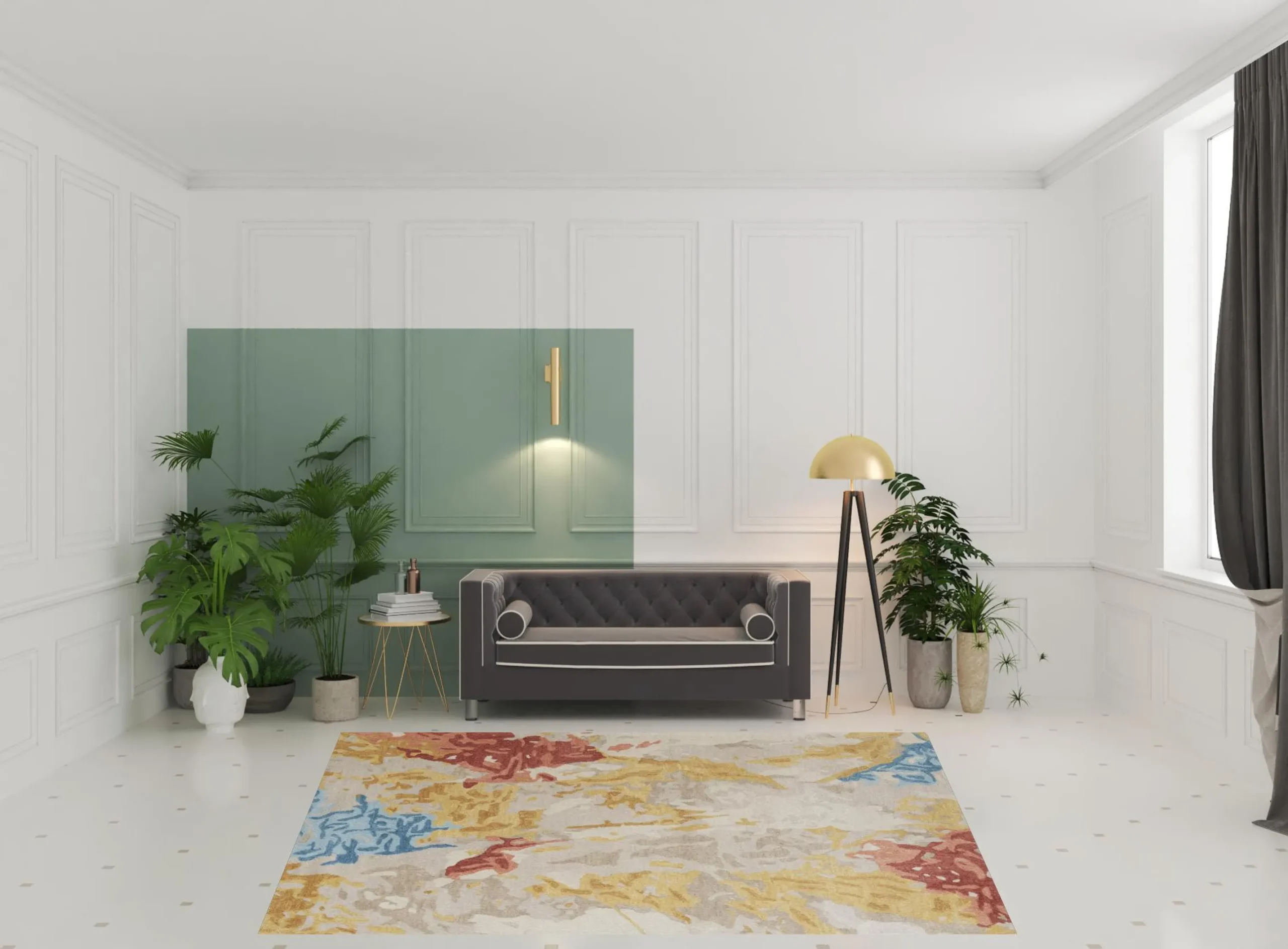 Thảm trải sàn len dệt tay chống bám bẩn 2,4m x 3m trừu tượng ngà vàng xanh - Ảnh 2