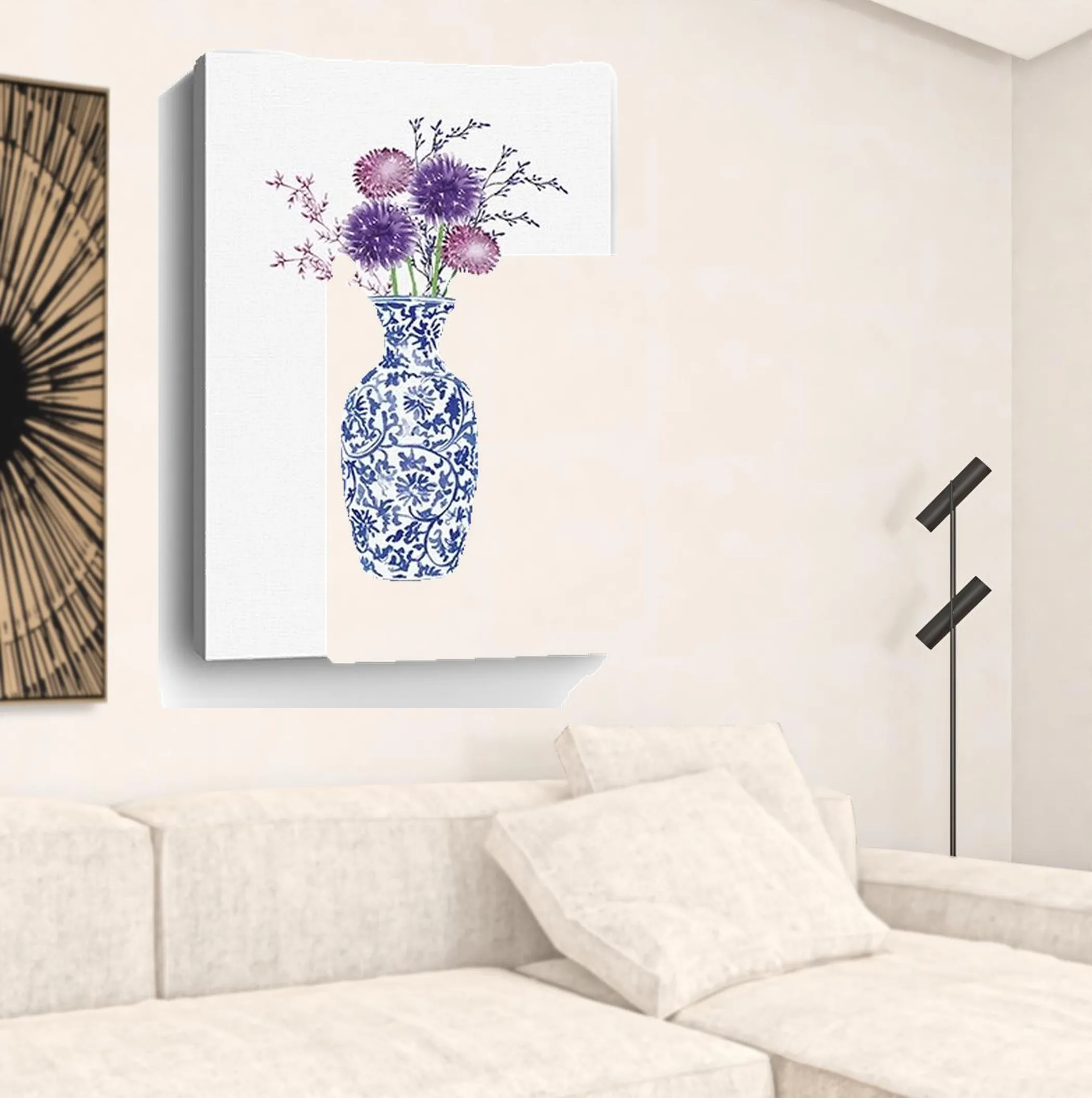 Tranh canvas bình hoa xanh trắng chủ đề Life 122cm x 81cm - Ảnh 3