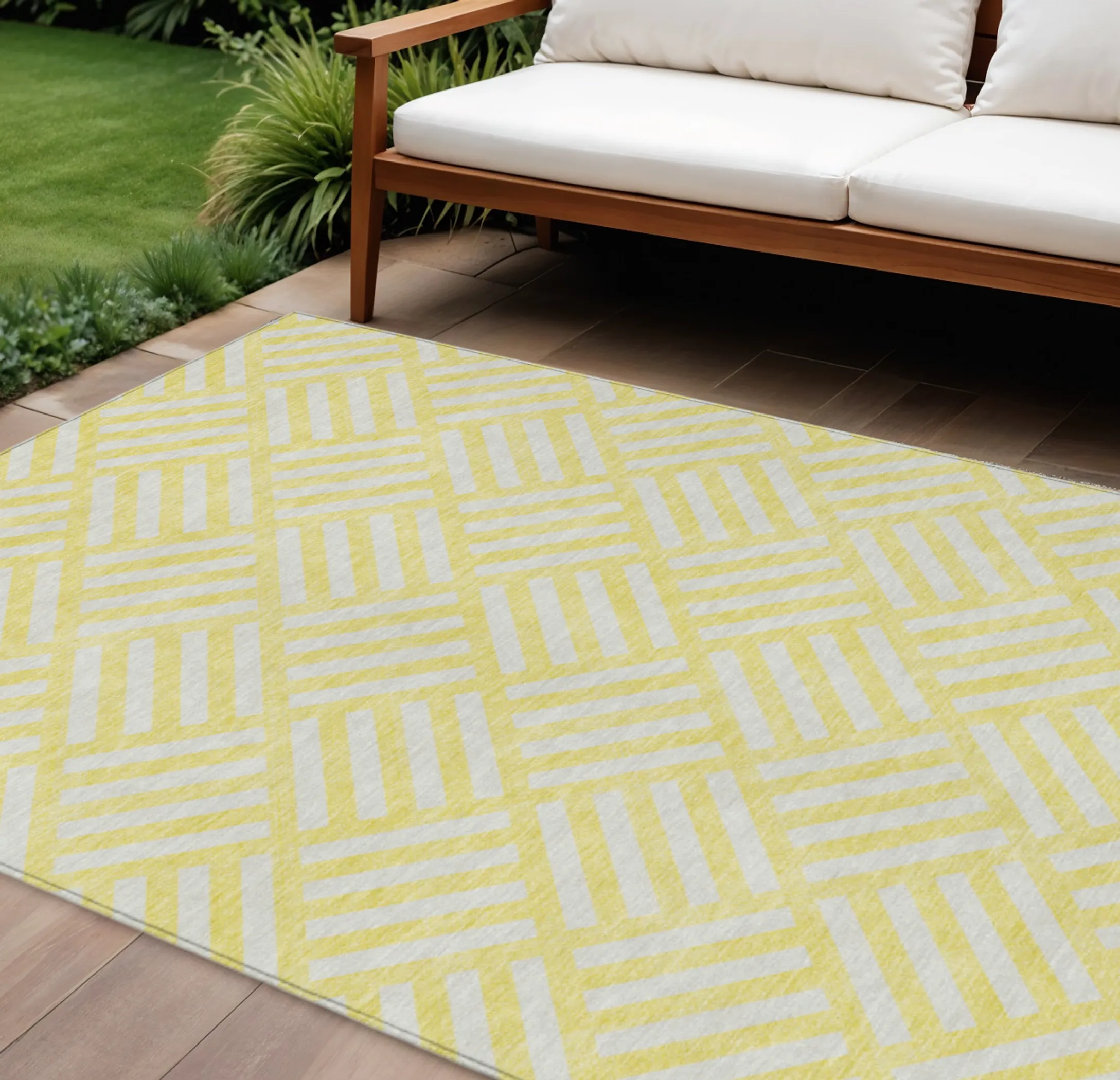 Thảm trải sàn giặt được 2,7m x 3,7m họa tiết hình học màu vàng và ngà