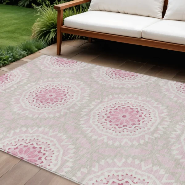 Thảm trải sàn giặt được 3m x 4,3m họa tiết hoa văn tròn màu hồng phấn và ngà