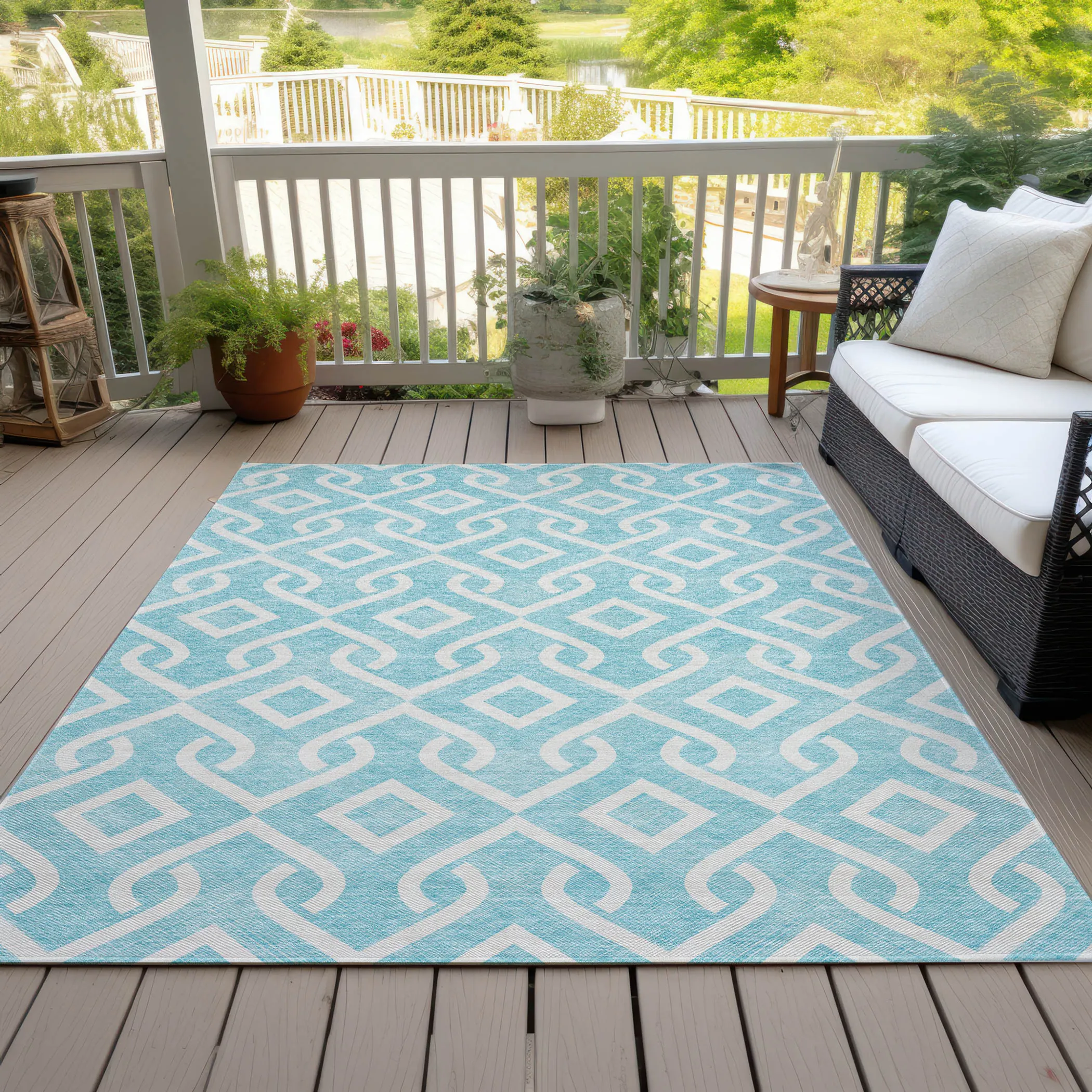 Thảm trải sàn giặt được 3m x 4,3m họa tiết hình học màu xanh ngọc và ngà - Ảnh 6