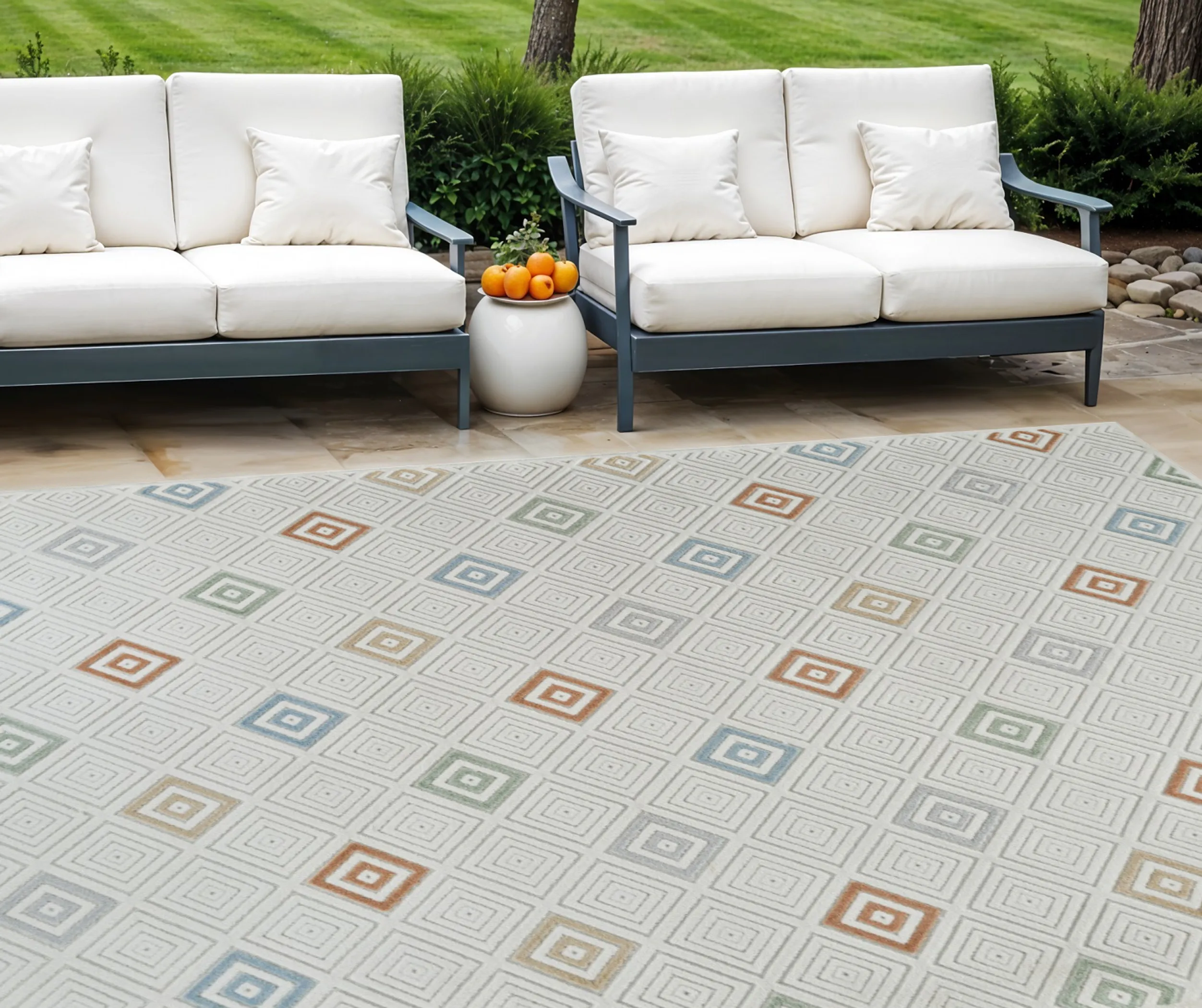 Thảm trải sàn 2,4m x 3m họa tiết hình học phong cách cũ kỹ màu kem và be