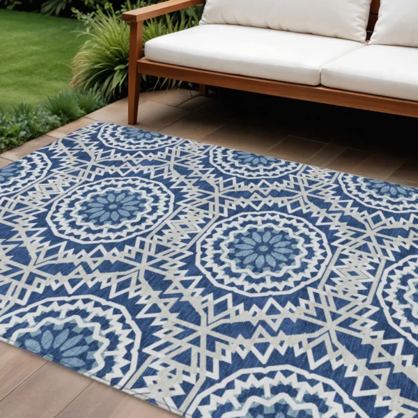 Thảm trải sàn giặt được 3m x 4,3m họa tiết hoa văn tròn màu xanh navy, ngà và xám