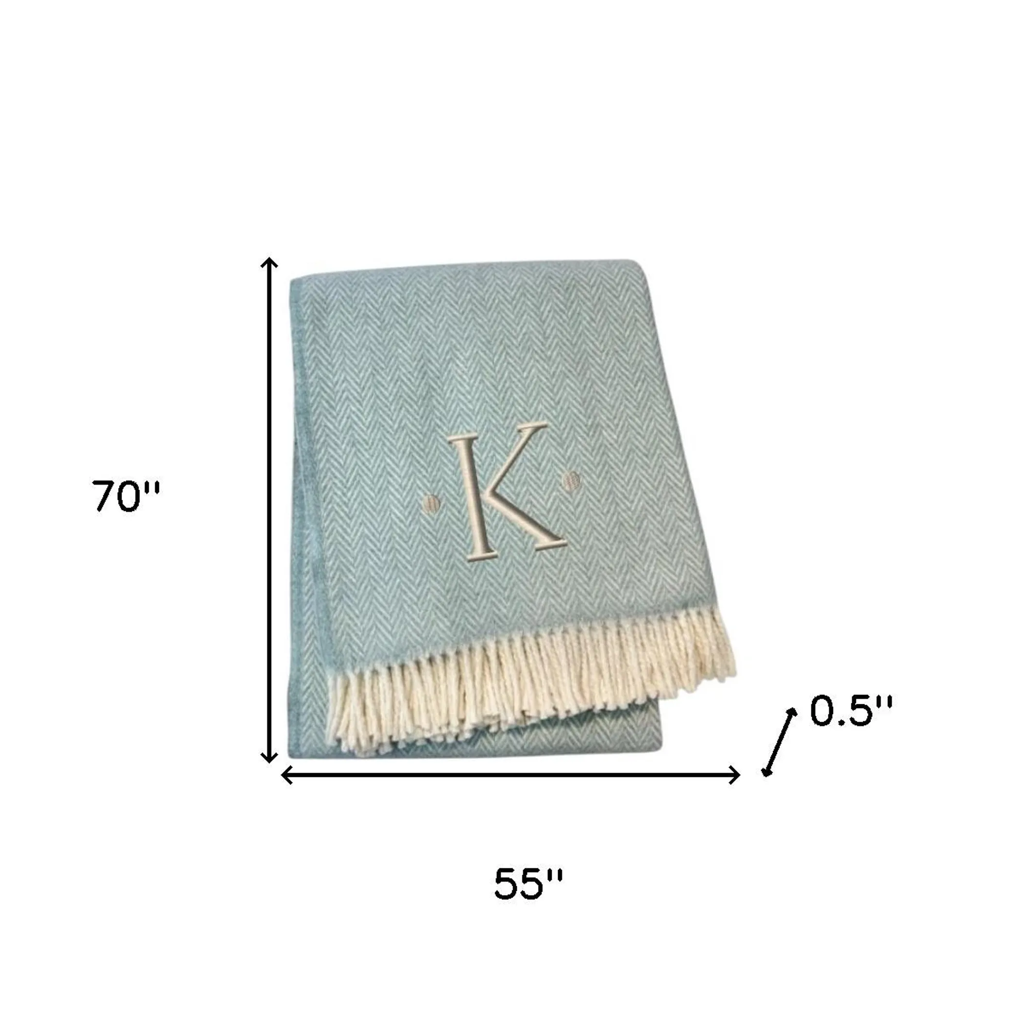 Chăn cotton pha dệt xương cá thêu chữ K màu xanh da trời trắng, viền tua rua - Ảnh 6