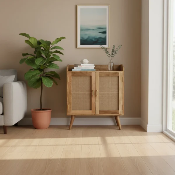 Tủ trang trí gỗ đặc phong cách cũ kỹ khảm mây hai cánh cao 90cm