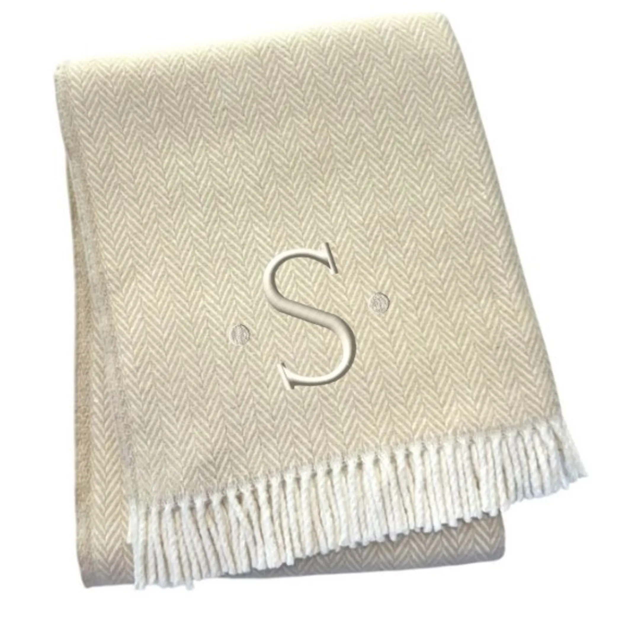 Chăn cotton pha dệt xương cá thêu chữ S màu lanh trắng, viền tua rua - Ảnh 3