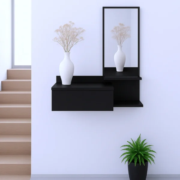 Tủ gỗ treo tường màu đen có ngăn kéo và gương 91cm