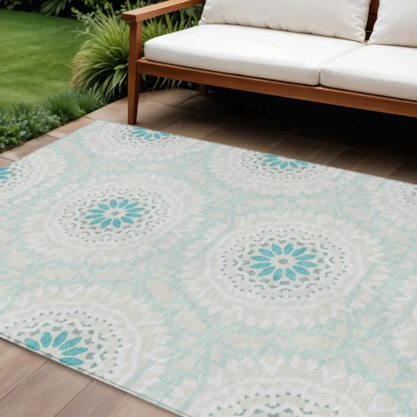 Thảm trải sàn giặt được 3m x 4,3m họa tiết hoa văn tròn màu xanh mòng két, be và ngà