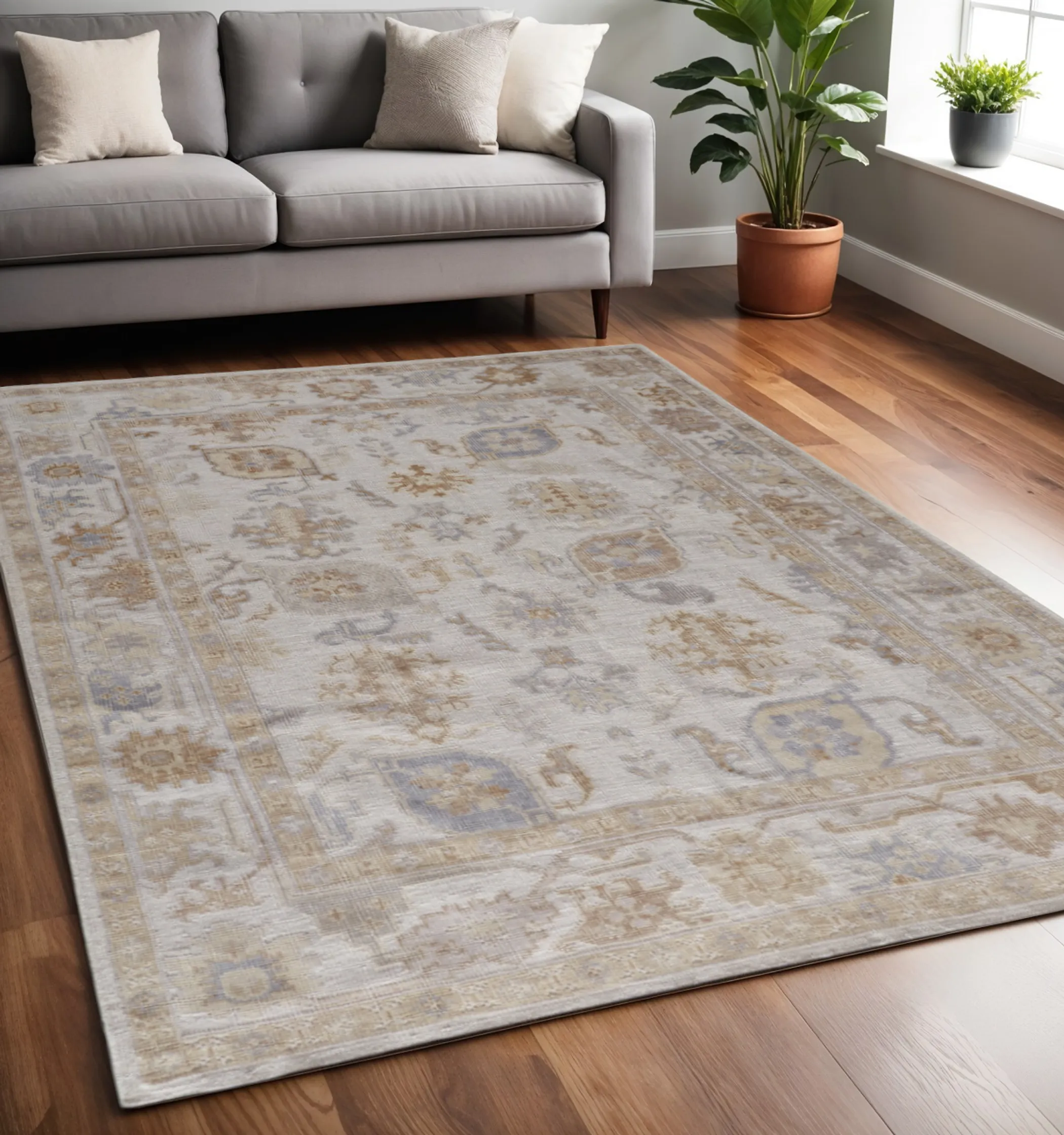 Thảm trải sàn dệt thắt tay 1,5m x 2,4m họa tiết hoa màu ngà