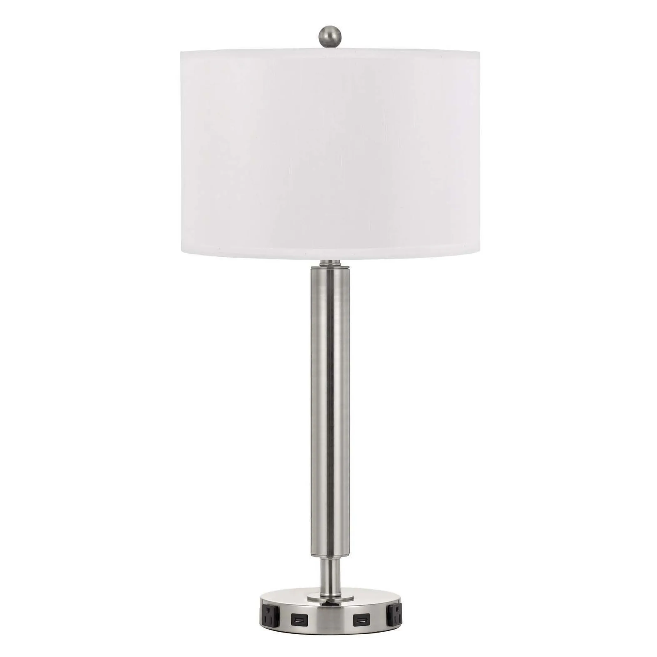 Đèn bàn trụ tròn kim loại mạ niken 76cm có cổng USB, chụp vải trắng - Ảnh 2