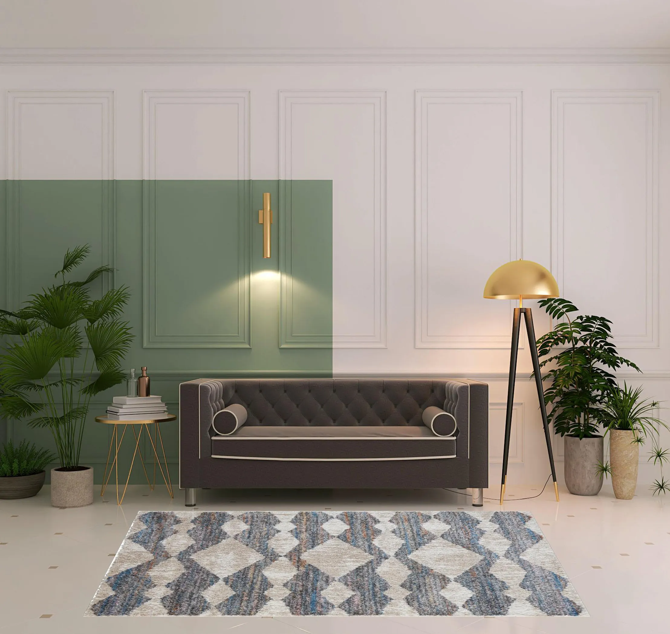 Thảm trải sàn dệt máy chống bám bẩn 1,5m x 2,4m họa tiết chevron kem ngà xanh - Ảnh 2