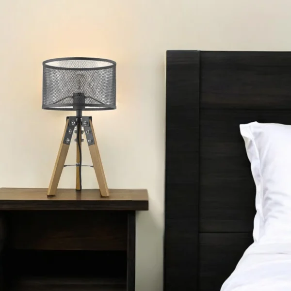 Đèn bàn chân kiềng gỗ tự nhiên màu nâu 51cm chụp trống màu đen