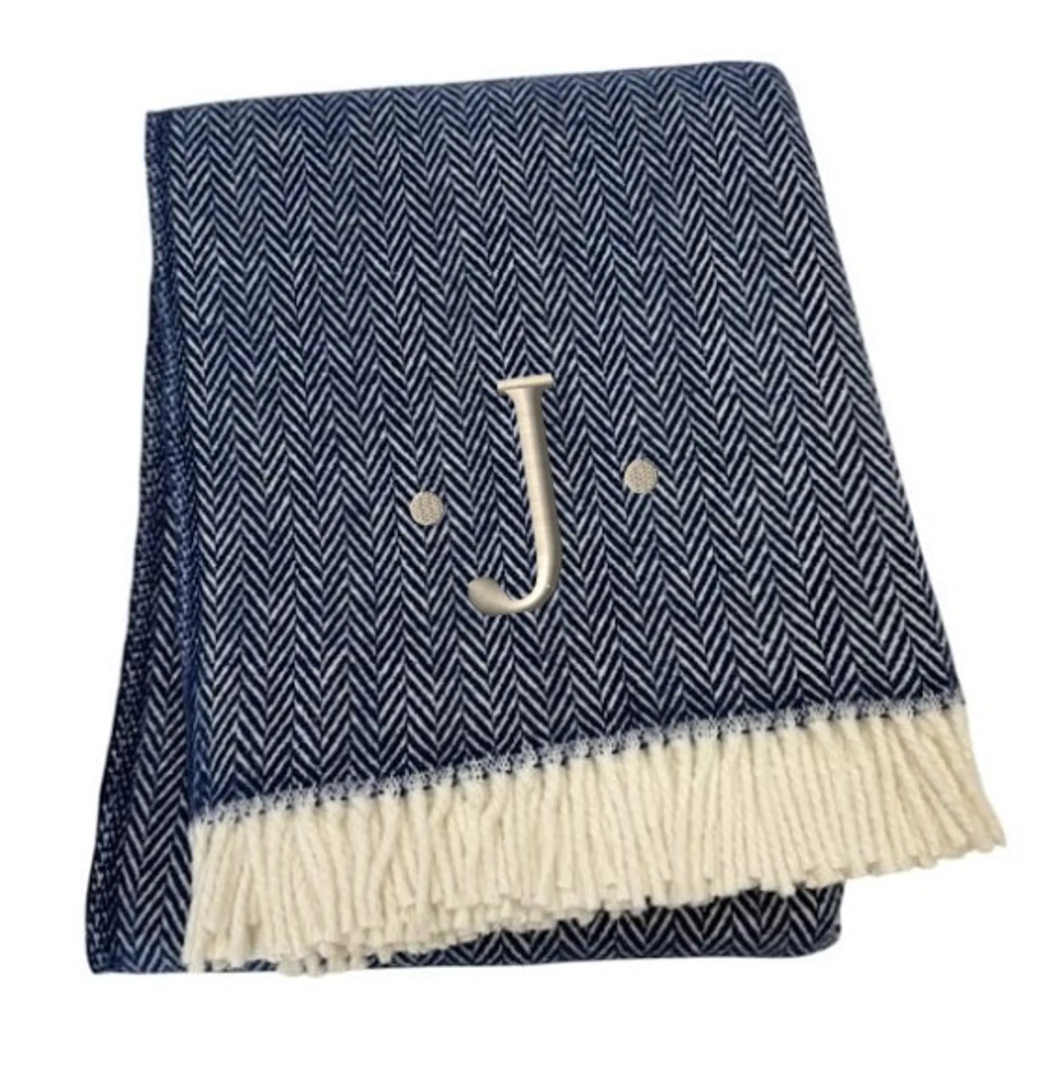 Chăn cotton pha dệt xương cá thêu chữ J màu xanh navy trắng, viền tua rua - Ảnh 3