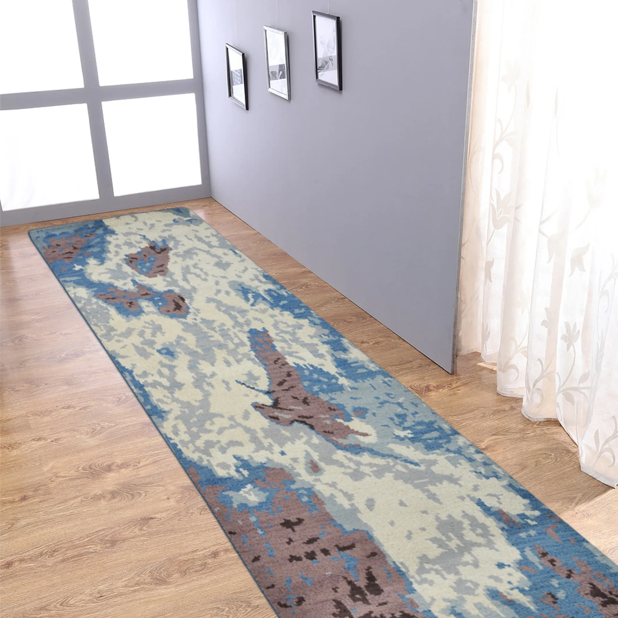 Thảm chạy hành lang len dệt thắt tay Rugsotic Carpets 0,75m x 3m họa tiết trừu tượng