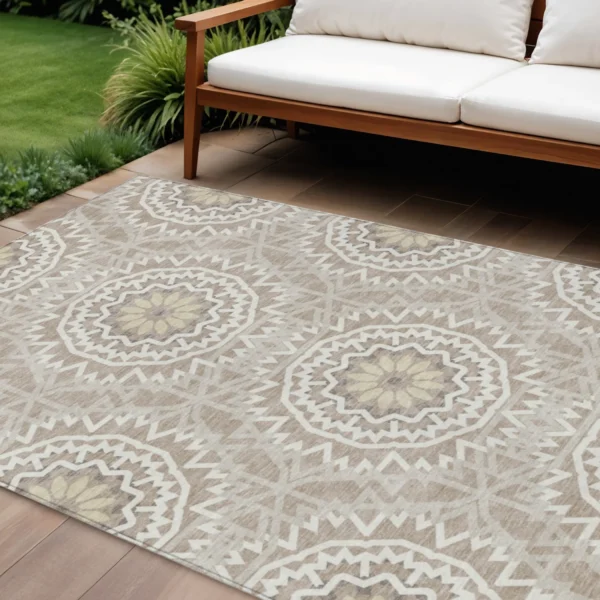 Thảm trải sàn giặt được 3m x 4,3m họa tiết hoa văn tròn màu nâu xám, kaki và ngà
