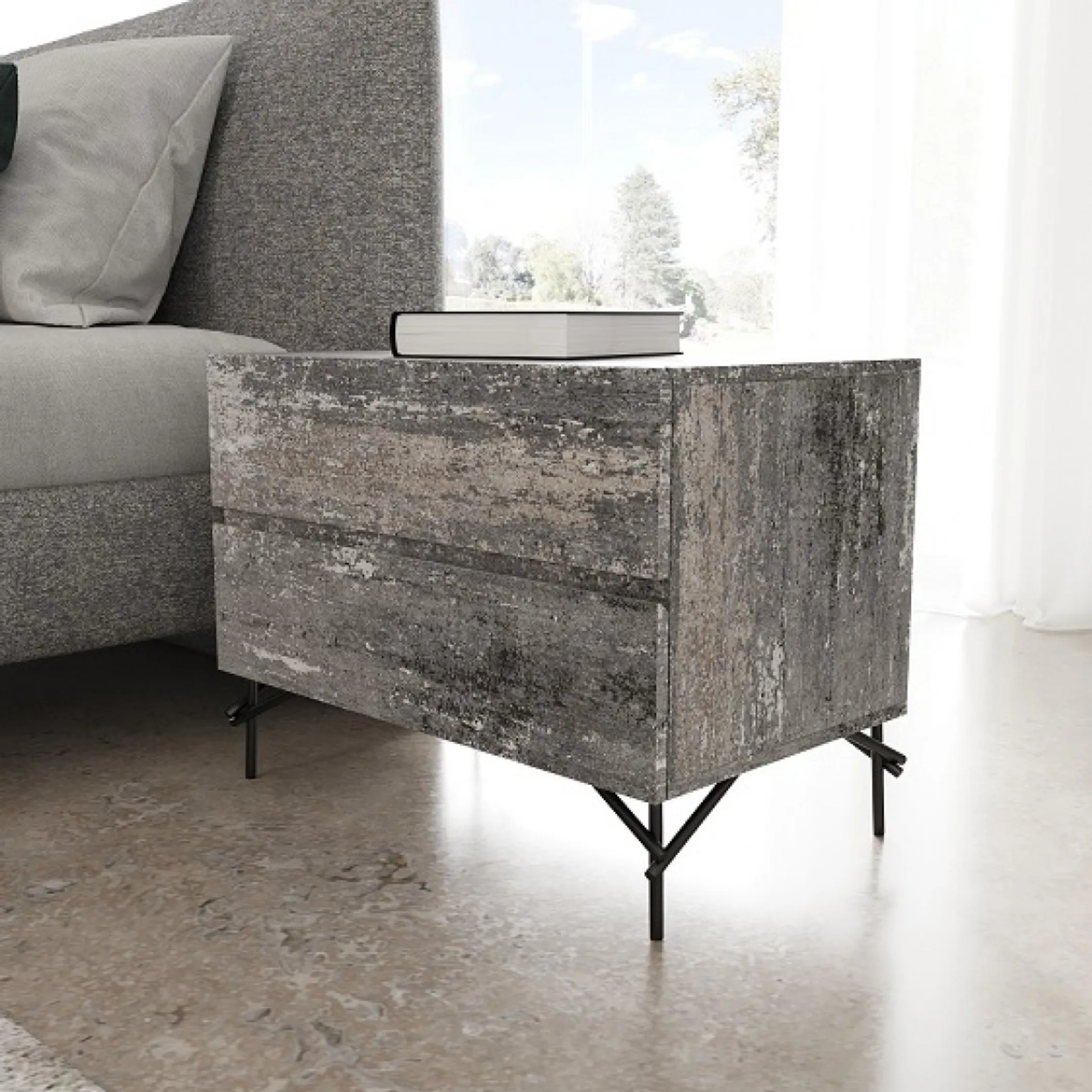 Tủ đầu giường hai ngăn kéo 53cm màu xám phong cách cũ kỹ - Ảnh 2