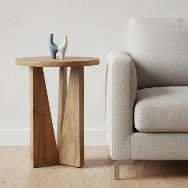 Bàn góc tròn gỗ tự nhiên phong cách cũ kỹ 56cm