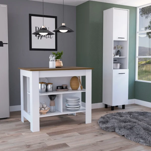 Bộ bếp Houston 2 món: đảo bếp và tủ đựng thực phẩm, màu trắng phối gỗ óc chó