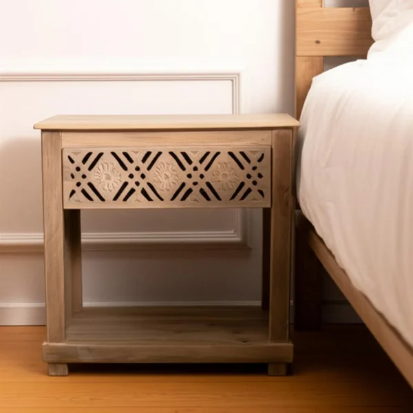 Tủ đầu giường gỗ tự nhiên 71cm một ngăn kéo chạm khắc hình học