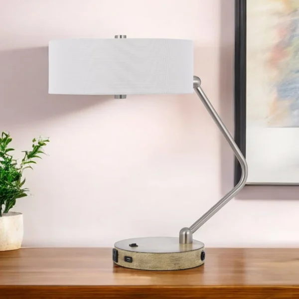 Đèn bàn làm việc USB 2 bóng kiểu lồng đèn kim loại màu nâu 51cm chụp trống trắng