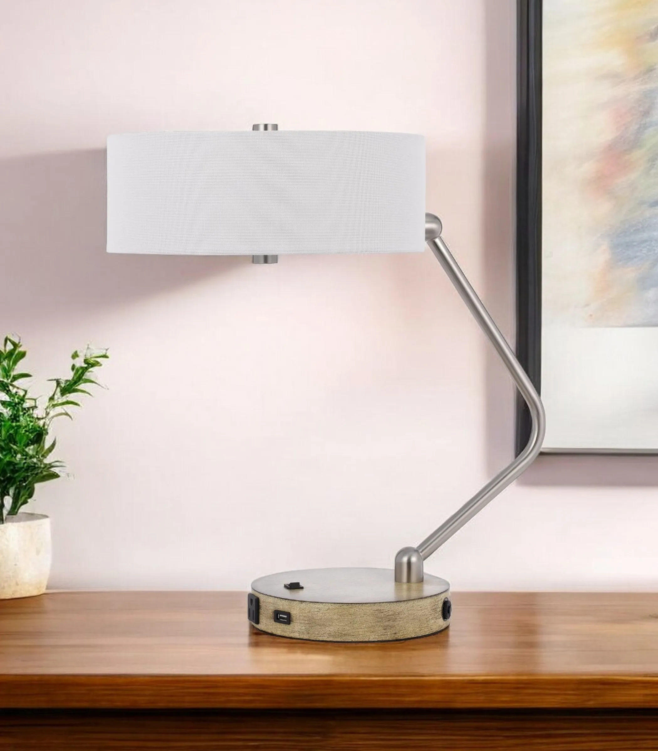 Đèn bàn làm việc USB 2 bóng kiểu lồng đèn kim loại màu nâu 51cm chụp trống trắng