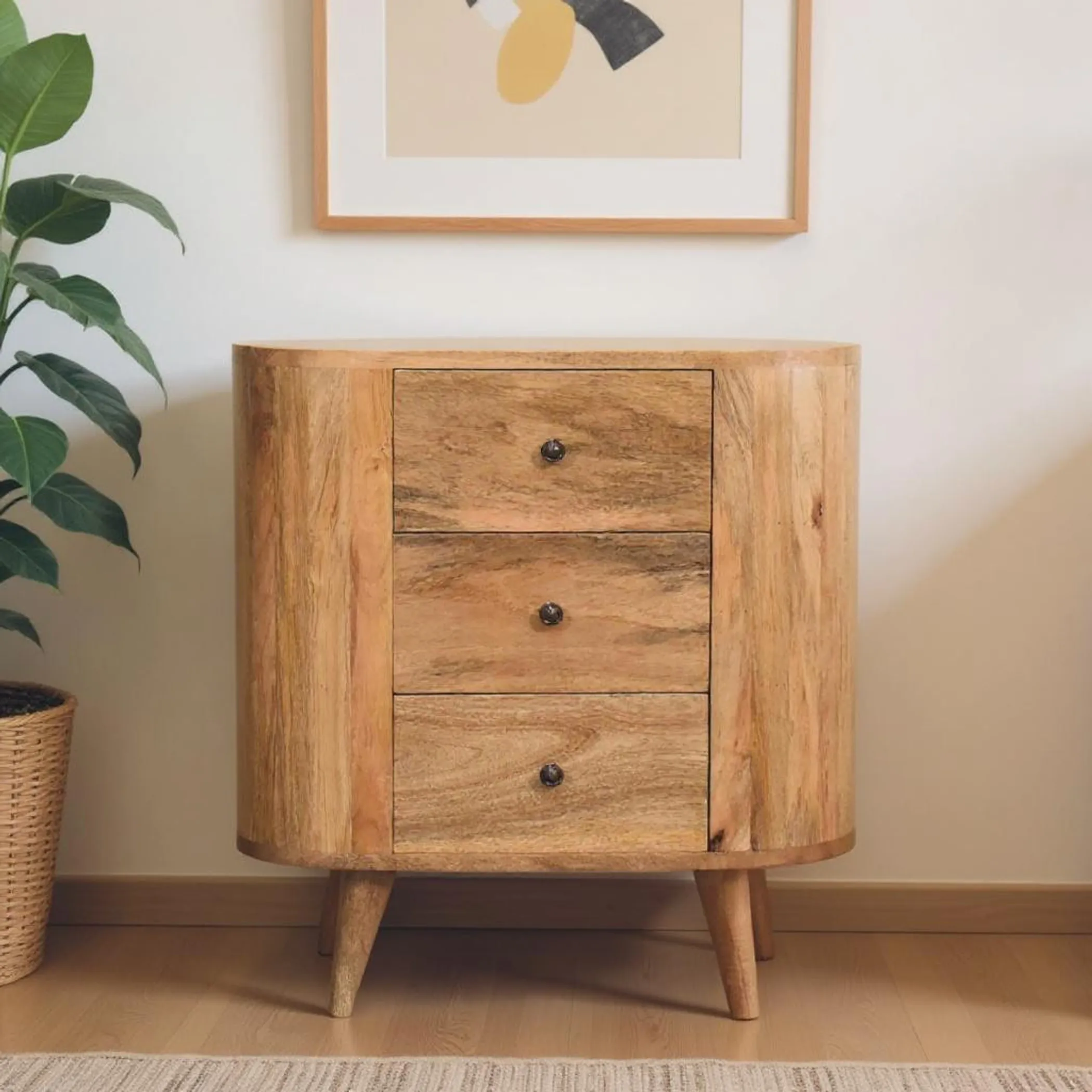 Tủ trang trí gỗ đặc dáng bầu dục ba ngăn kéo cao 65cm màu nâu sồi
