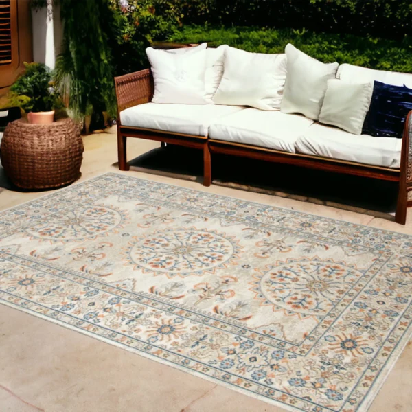 Thảm trải sàn chống bẩn 2,7m x 3,7m họa tiết hoa văn tròn màu xanh và cam