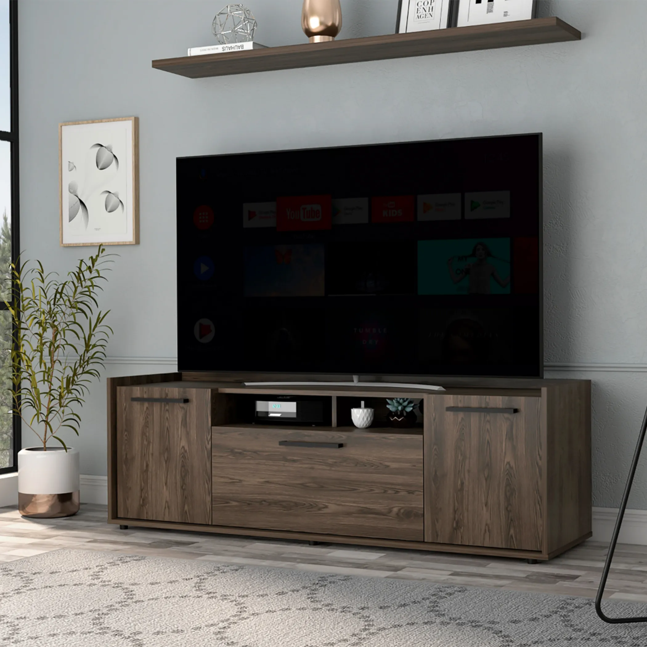 Kệ tivi Lyon cho tivi đến 55 inch, tủ hai cánh, màu gỗ óc chó sẫm