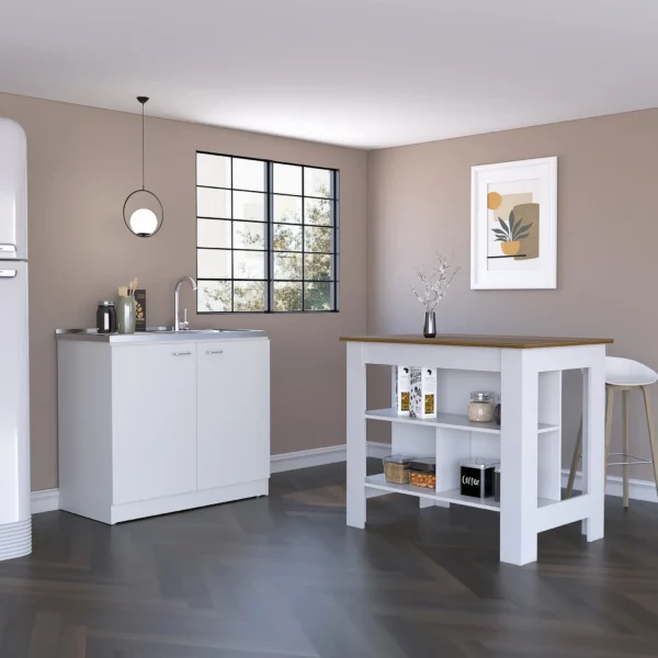 Bộ nội thất bếp Phoenix 2 món: đảo bếp Cala và tủ chậu rửa Napoles, trắng phối óc chó
